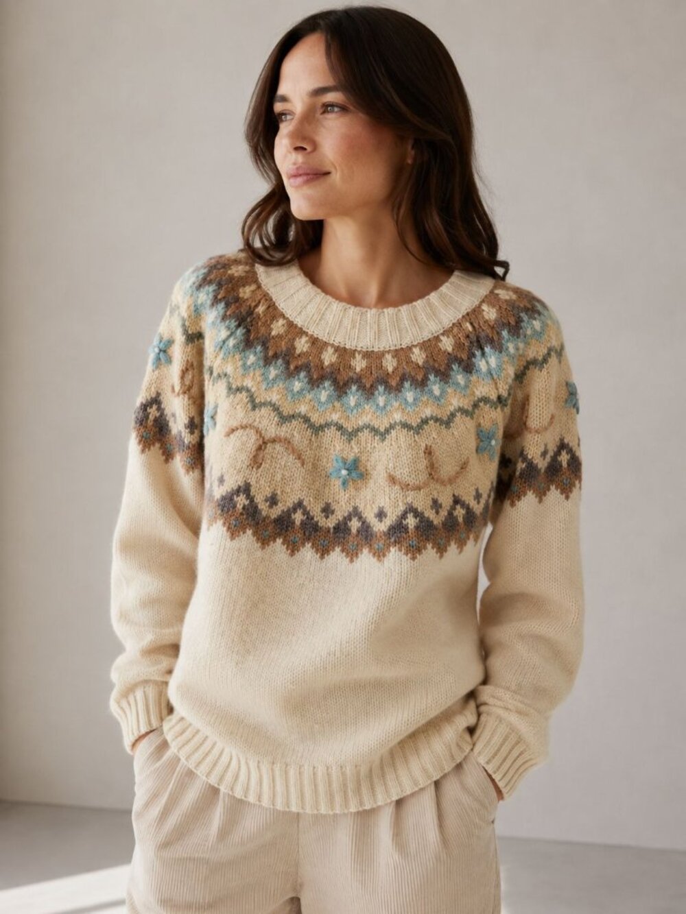vintage St. Michael Fair Isle yoke sweater custom hand-embroidered flowers Sz L